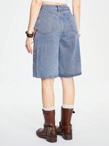 ROMWE Fairycore Women's Summer Casual Butterfly Embroidered Denim Shorts - Blue - View 6