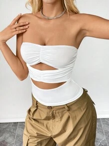 Flirla Solid Cut Out Ruched Tube Strapless Top For Summer - White - View 4