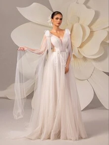 Elegant Solid Color Lace Tulle Shawl With Trail Wedding Dress - White - View 7