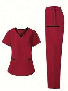 Conjunto de uniforme de enfermería de cuadros de color con blusa de manga corta y pantalones - Burdeos - Ver 3