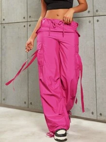 Street Vibes 90s Flap Pocket Drawstring Hem Parachute Trousers - Hot Pink - View 5