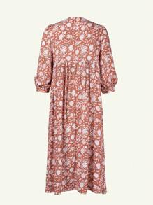 Eilly Bazar Plus Size Women Floral Print Pleated Loose Casual Dress
