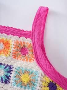 SHEIN Conjunto de top de tirantes con ribetes de ganchillo y pantalones cortos de mezclilla con flecos acanalado para chicas jóvenes de vacaciones - Rosa Fucsia - Ver 4