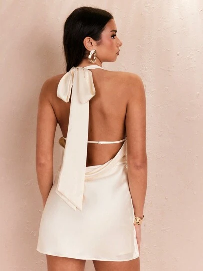 SHEIN BAE Plunging Neck Backless Satin Halter Short Dress