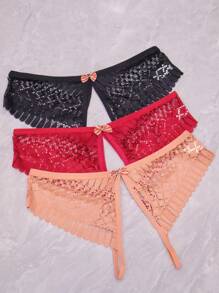 Lace Sexy Open Crotch Women's Panties ,3 Pcs - Multicolor - View 1