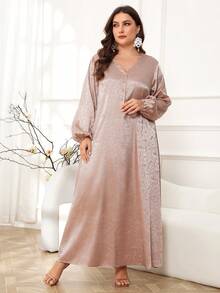 Al Najma Vestido largo de manga larga de unicolor simple para uso diario de talla grande para señoras árabes - Caqui - Ver 3