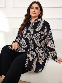 Lacomfia Plus Size Women's Random Printed Long Sleeve Top And Solid Color Pants Two-Piece Set, Modest Casual Fashion Longline Set 2 Pieces Set - Black - View 1