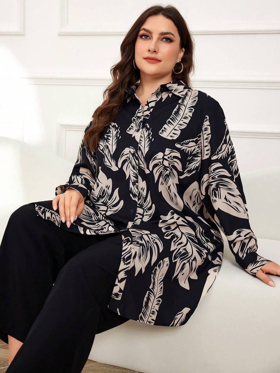 Lacomfia Plus Size Women's Random Printed Long Sleeve Top And Solid Color Pants Two-Piece Set, Modest Casual Fashion Longline Set 2 Pieces Set - Black - View 1