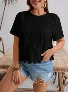 SHEIN Frenchy Plus Size Solid Color Eyelet Embroidery Round Neck Short Sleeve Summer Vacation Shirt - Black - View 6