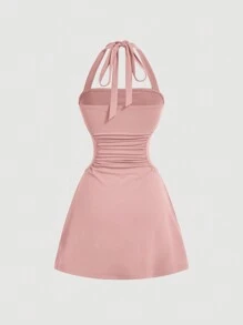 SHEIN MOD Women's Grey Halterneck A-Line Dress With Cinched Waist,Pastel Dresses For Women - Pink - View 2