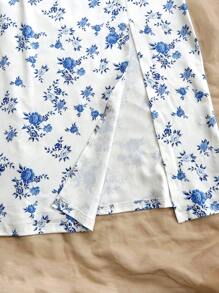 Soleia 女士度假蓝白印花紧身连衣裙，肩带高开衩