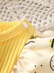 女婴休闲蜜蜂印花拼接连体衣，荷叶边下摆，春夏款 - 黃色 - 查看 4