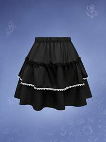 Corpse Bride | ROMWE Palace Lolita Fairy Tale Multi-Layered Cake Skirt With Figure Pattern And Lace Trim, School - Black - View 2