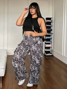 SHEIN EZwear 加大號豹紋口袋側邊貨物長褲 - 棕色 - 查看 5