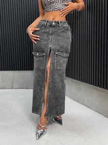 SHEIN ICON Women's Denim A-Line Skirt, Street Style Sexy Workwear Combination, Dark Grey - Dark Grey - View 6