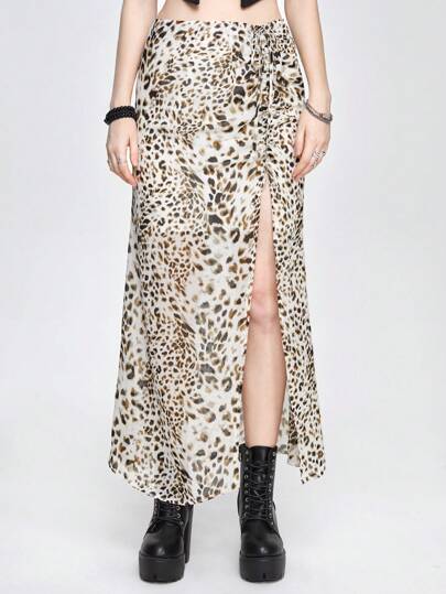 Grunge Punk Millennial Vintage Y2K Ruched High Slit White Leopard Print Slim Fit Mermaid Skirt For Women