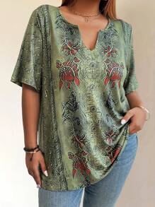 大码女式宽松花卉印花缺口 V 领短袖休闲 T 恤，夏季图案 T 恤女式上衣 - 軍綠色 - 查看 3