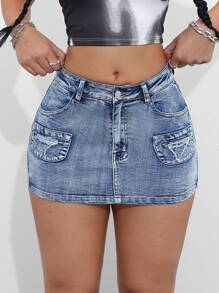 SHEIN ICON 夏季性感修身工作裝迷你牛仔裙 - 藍色 - 查看 1