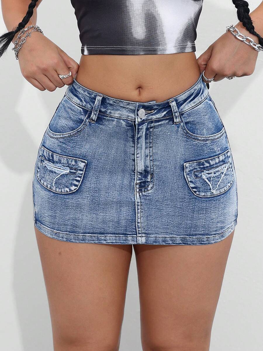 SHEIN ICON 夏季性感修身工作裝迷你牛仔裙 - 藍色 - 查看 1