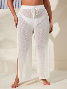 Plus Split Thigh Pointelle Knit Cover Up Pants For Summer Beach - White - View 4