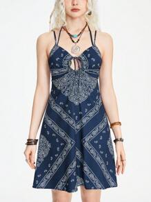 ROMWE Hippie Váy Cami in họa tiết Paisley phía trước cho kỳ nghỉ hè - Màu xanh lam - Xem 3