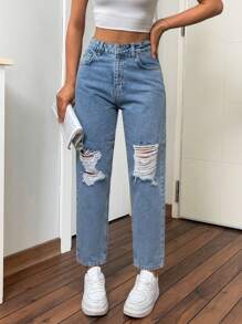 EURMUSE 100% Cotton HIGH WAIST MOM CUT RIPPED  JEAN - Light Wash - View 4