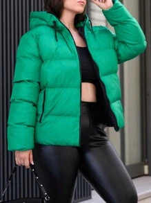 RueChic Plus Zip Up Hooded Belted Puffer Coat - Green - View 6