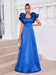 SHEIN Belle Vestido de princesa elegante y grácil con escote cuadrado decorado con flores 3D de satén, diseño en línea A, perfecto para ceremonias de graduación y ocasiones formales como bodas y cenas. - azul real - Ver 7