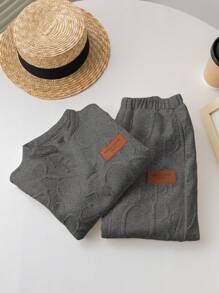 2入組男孩休閒大學拼接V領短袖套頭T恤和直筒針織長褲套裝 - 灰色 - 查看 5