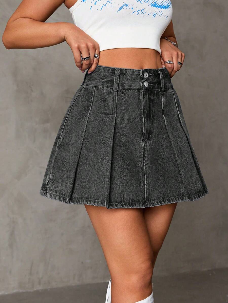 SHEIN ICON High Waist Pleated Denim Skirt - Dark Grey - View 1