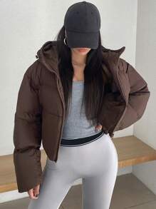 DAZY 女士连帽宽松长袖开襟棉衣，冬季女装，冬季女装外套 - 咖啡棕 - 查看 8