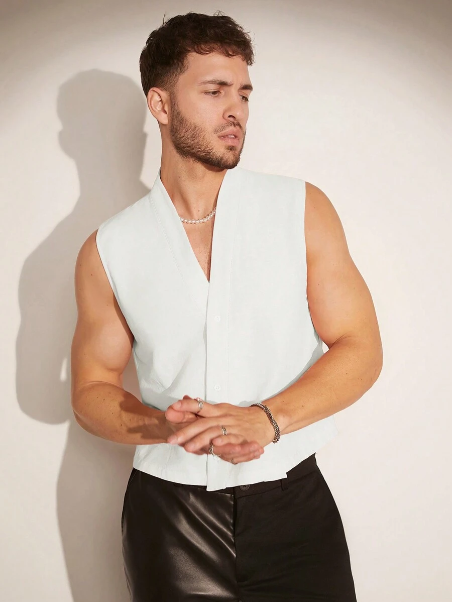 FeverCity 男士夏季純色V領無袖休閒襯衫