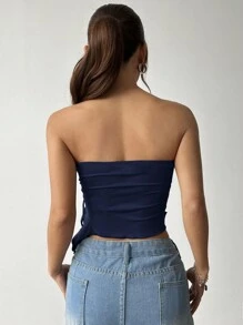 SHEIN EZwear 女式夏季休闲纯色露肩上衣，不对称下摆和抽绳 - 藏蓝色 - 查看 2