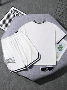Ensemble de t-shirt à manches courtes et de shorts imprimés décontracté et ample pour garçon préadolescent - Blanc - Voir 2