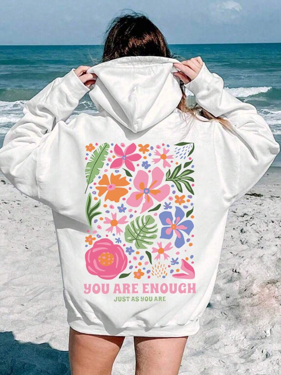 Teen Girls Floral & Letter Graphic Drop Shoulder Sweatshirt - White - View 1