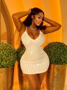 VaVaBold Vestido de moda de cami ajustado sexy con diamantes de imitación brillantes