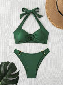 SHEIN Swim Women's Summer Beach Solid Color Circular Link Halter Neck Bikini Set