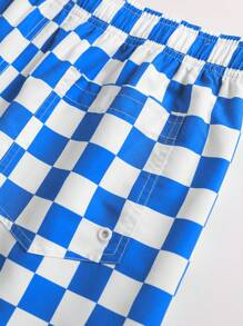 Manfinity Men's Vacation Checkerboard Printed Drawstring Loose Fit Beach Shorts - Blue and White - View 7