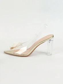 Elegant Ladies' High Heel Shoes With Clear Pointed Heels And Flower Embellishments - Gold - View 4