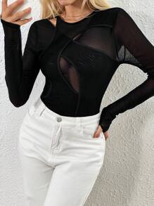 SHEIN EZwear 女性休閒純色薄針織上衣，常規長袖，圓領線條感