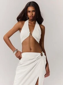 MUSERA 俱乐部性感亚麻质感串珠饰边露脐上衣，适合度假、伊比沙岛假日、海滩外出、夜店、优雅春夏节日 - 白色 - 查看 3