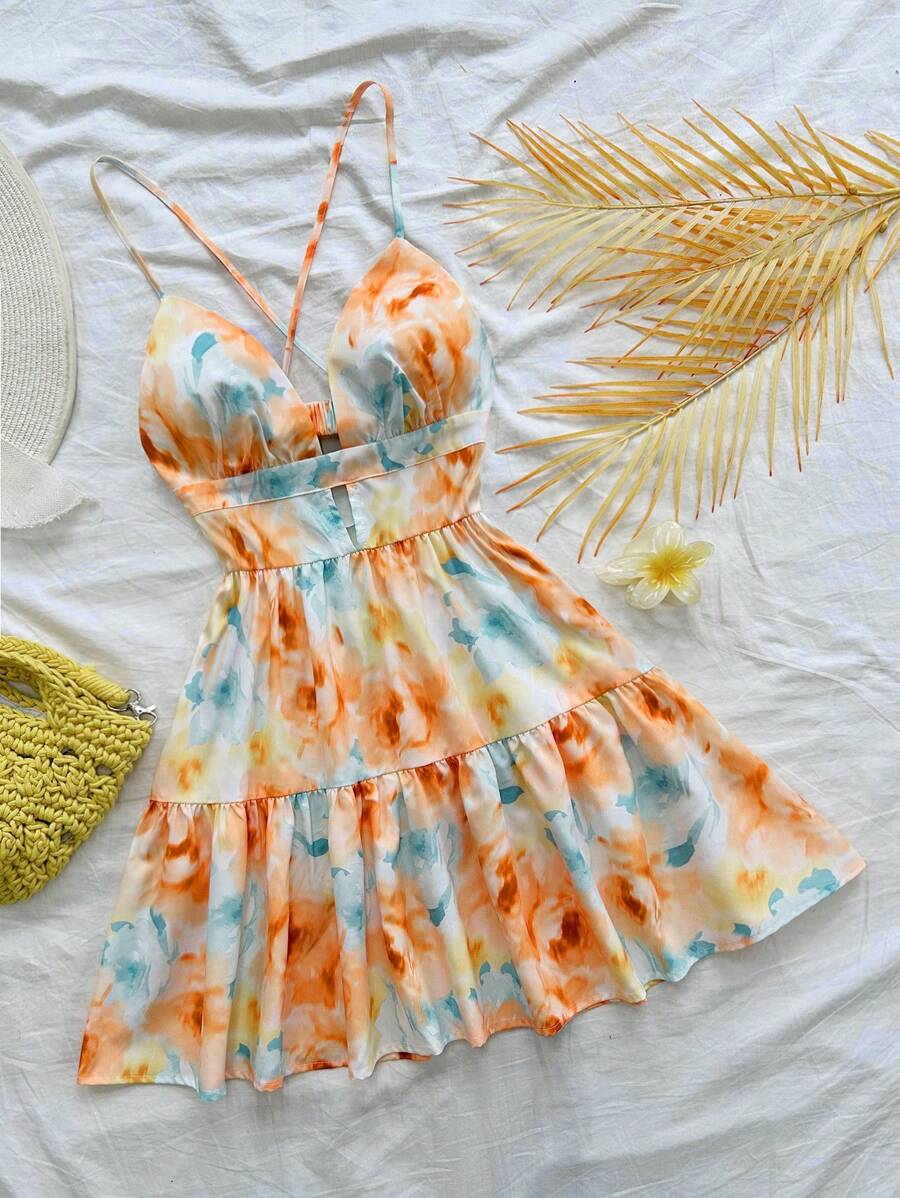 Soleia Women's Floral Printed Spaghetti Strap Backless A-Line Dress For Vacation - Orange - View 1