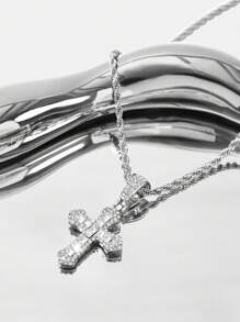 SHEIN X Lucía Bellido SHEIN ICON Cross Pendant Twisted Rope Chain Necklace, Suitable For Women's Daily Wear In Spring And Summer - Silver - View 2