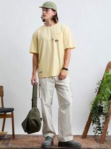 Manfinity VCAY 編織男士休閒鬆身彈性腰口袋實色長褲，適用於日常穿著和青年年齡組 - 杏色 - 查看 4