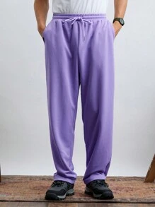 Manfinity RebelGame 男裝時尚針織休閒寬鬆彈性腰筒直筒褲，純色 - 淡紫色 - 查看 1