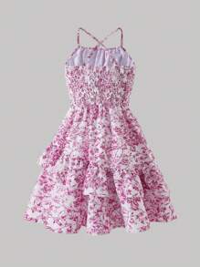 Teen Girls Ditsy Floral Spaghetti Strap Asymmetrical Hem Ruffle Bow Tight Mini Dress - Hot Pink - View 2