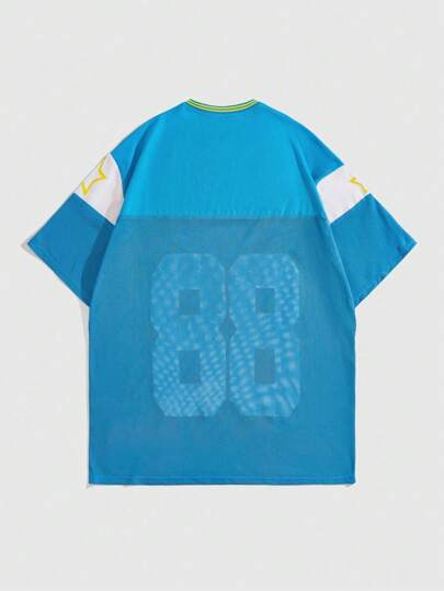 Camiseta informal de jersey de cuello en V de manga corta de verano para hombres con estampado de letras, escuela