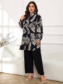 Lacomfia Plus Size Women's Random Printed Long Sleeve Top And Solid Color Pants Two-Piece Set, Modest Casual Fashion Longline Set 2 Pieces Set - Black - View 6