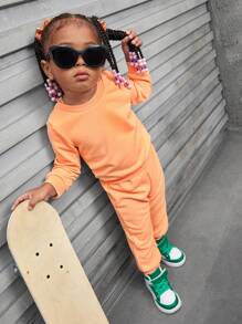 SHEIN 3pcs Baby Girls' Fall Orange & Pink Street Style American Cool Daily Casual Outfit Set