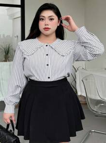 Dazy Petite Plus Plus Size Striped Statement Collar Shirt, Fall Women Clothes Long Sleeve Top - Blue - View 4